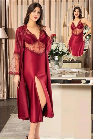 Xses 2110 Kadın Bordo Saten Sabahlıklı Dantelli Gecelik Takım