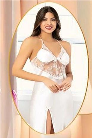 Xses 2110 Kadın Ekru Saten Sabahlıklı Dantelli Gecelik Takım