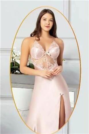 Xses 2110 Kadın Pudra Saten Sabahlıklı Dantelli Gecelik Takım