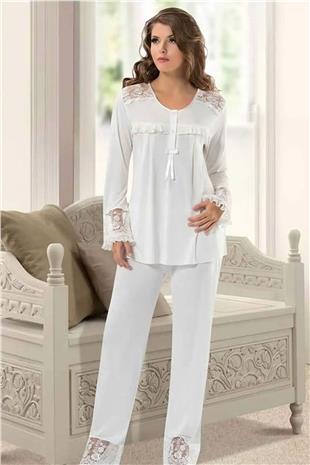 Xses 2130 Kadın Ekru Hamile Lohusa Sabahlıklı Uzun Kollu Yarım Patlı Pijama Takım