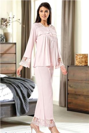 Xses 2130 Kadın Pudra Hamile Lohusa Sabahlıklı Uzun Kollu Yarım Patlı Pijama Takım
