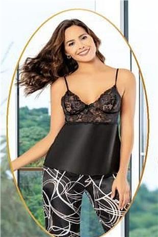 Xses 2151 Kadın Sıyah Saten Empirme Sabahlıklı Pijama Takım
