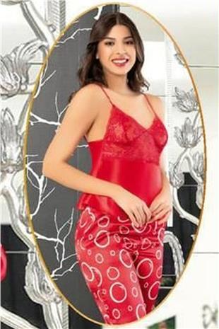 Xses 2152 Kadın Kırmızı Saten Empirme Sabahlıklı Pijama Takım