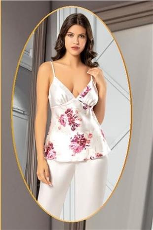 Xses 2155 Kadın Gulkurusu Saten Empirme Sabahlıklı 4Lü Pijama Takım