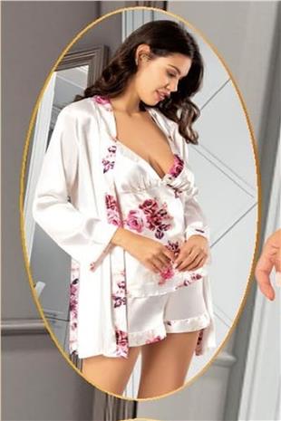 Xses 2155 Kadın Gulkurusu Saten Empirme Sabahlıklı 4Lü Pijama Takım