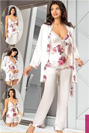Xses 2155 Kadın Gulkurusu Saten Empirme Sabahlıklı 4Lü Pijama Takım