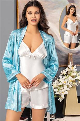 Xses 2156 Kadın Mavı Saten Empirme Sabahlıklı Şort Takım