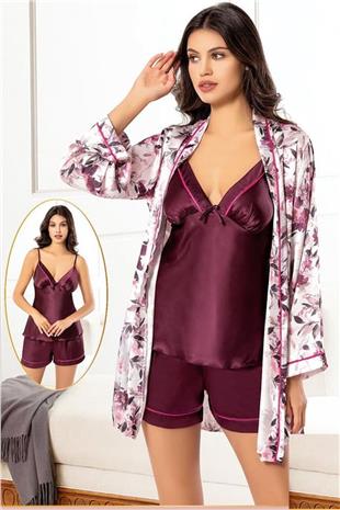 Xses 2156 Kadın Murdum Saten Empirme Sabahlıklı Şort Takım