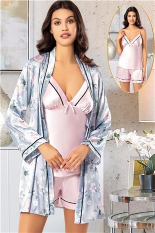 Xses 2156 Kadın Pembe Saten Empirme Sabahlıklı Şort Takım