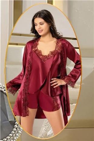 Xses 2165 Kadın Bordo Saten Empirme Sabahlıklı 4Lü Pijama Takım