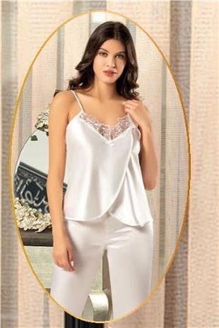 Xses 2165 Kadın Ekru Saten Empirme Sabahlıklı 4Lü Pijama Takım