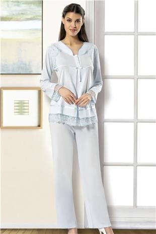 Xses 2190 Kadın Mavı Hamile Lohusa Sabahlıklı Uzun Kollu Pijama Takım