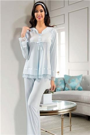 Xses 2190 Kadın Mavı Hamile Lohusa Sabahlıklı Uzun Kollu Pijama Takım