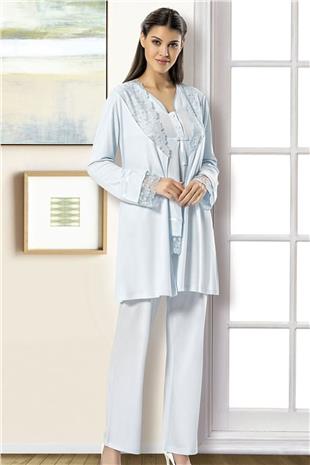 Xses 2190 Kadın Mavı Hamile Lohusa Sabahlıklı Uzun Kollu Pijama Takım