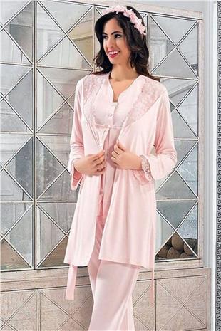 Xses 2190 Kadın Pudra Hamile Lohusa Sabahlıklı Uzun Kollu Pijama Takım