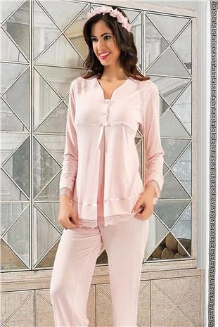 Xses 2190 Kadın Pudra Hamile Lohusa Sabahlıklı Uzun Kollu Pijama Takım
