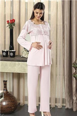 Xses 2195 Kadın Pudra Hamile Lohusa Sabahlıklı Uzun Kollu Pijama Takım