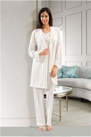Xses 4001 Kadın Ekru Hamile Lohusa Sabahlıklı Kısa Kollu Pijama Takım