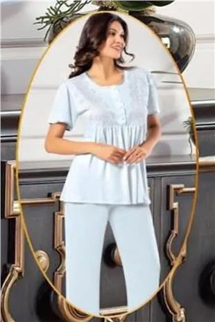 Xses 4001 Kadın Mavı Hamile Lohusa Sabahlıklı Kısa Kollu Pijama Takım
