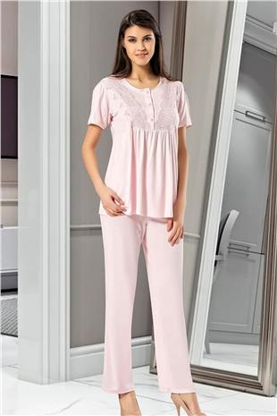 Xses 4001 Kadın Pudra Hamile Lohusa Sabahlıklı Kısa Kollu Pijama Takım
