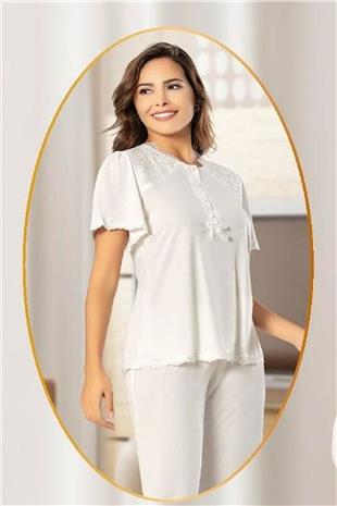 Xses 4200 Kadın Ekru Hamile Lohusa Sabahlıklı Yarım Kollu Pijama Takım