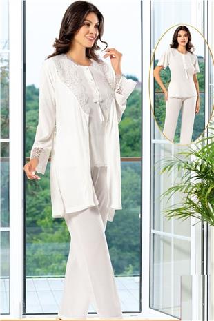 Xses 4200 Kadın Ekru Hamile Lohusa Sabahlıklı Yarım Kollu Pijama Takım