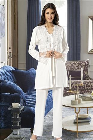 Xses 4300 Kadın Ekru Hamile Lohusa Sabahlıklı Yarım Kollu Pijama Takım
