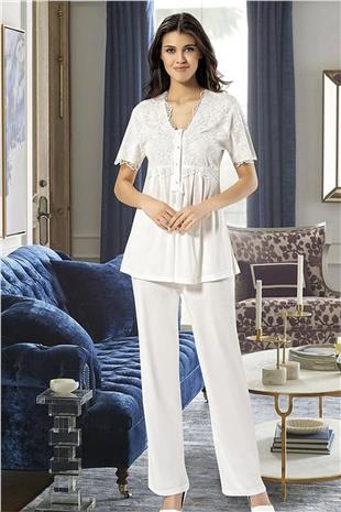 Xses 4300 Kadın Ekru Hamile Lohusa Sabahlıklı Yarım Kollu Pijama Takım