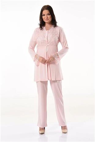 Xses 4300 Kadın Pudra Hamile Lohusa Sabahlıklı Yarım Kollu Pijama Takım