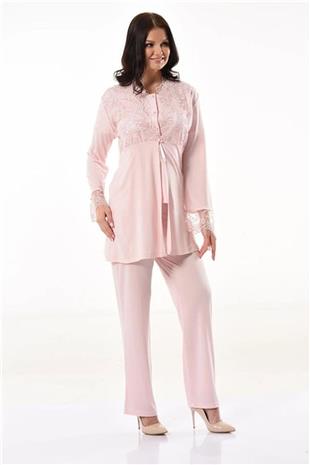 Xses 4300 Kadın Pudra Hamile Lohusa Sabahlıklı Yarım Kollu Pijama Takım