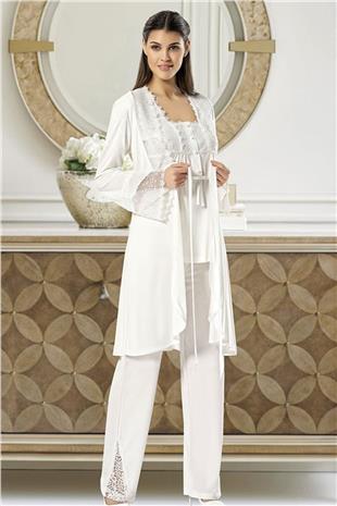 Xses 4700 Kadın Ekru Hamile Lohusa Sabahlıklı Yarım Kollu Yarım Patlı Pijama Takım