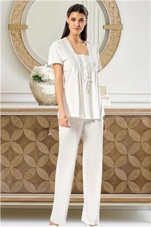 Xses 4700 Kadın Ekru Hamile Lohusa Sabahlıklı Yarım Kollu Yarım Patlı Pijama Takım
