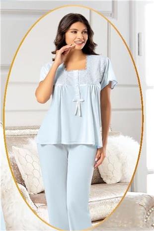 Xses 4700 Kadın Mavı Hamile Lohusa Sabahlıklı Yarım Kollu Yarım Patlı Pijama Takım