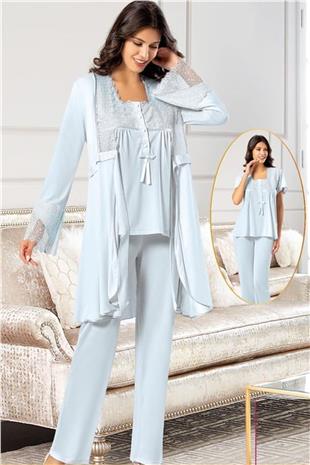 Xses 4700 Kadın Mavı Hamile Lohusa Sabahlıklı Yarım Kollu Yarım Patlı Pijama Takım