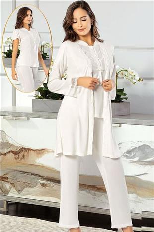 Xses 4750 Kadın Ekru Hamile Lohusa Sabahlıklı Yarım Kollu Yarım Patlı Pijama Takım