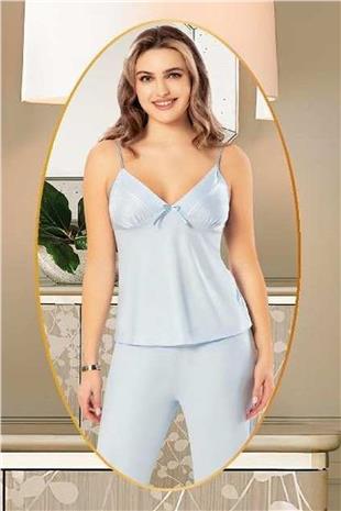 Xses 5015 Kadın Mavı Penye Sabahlıklı 3 Lü Pijama Takım