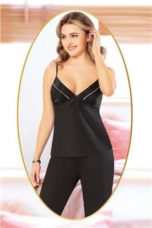 Xses 5015 Kadın Sıyah Penye Sabahlıklı 3 Lü Pijama Takım