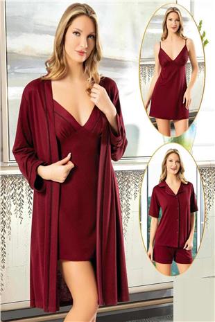 Xses 5025 Kadın Bordo Penye 4Lü Şortlu Sabahlık Gecelik Çeyizlik Takım