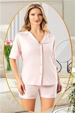 Xses 5025 Kadın Pudra Penye 4Lü Şortlu Sabahlık Gecelik Çeyizlik Takım