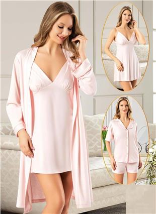 Xses 5025 Kadın Pudra Penye 4Lü Şortlu Sabahlık Gecelik Çeyizlik Takım