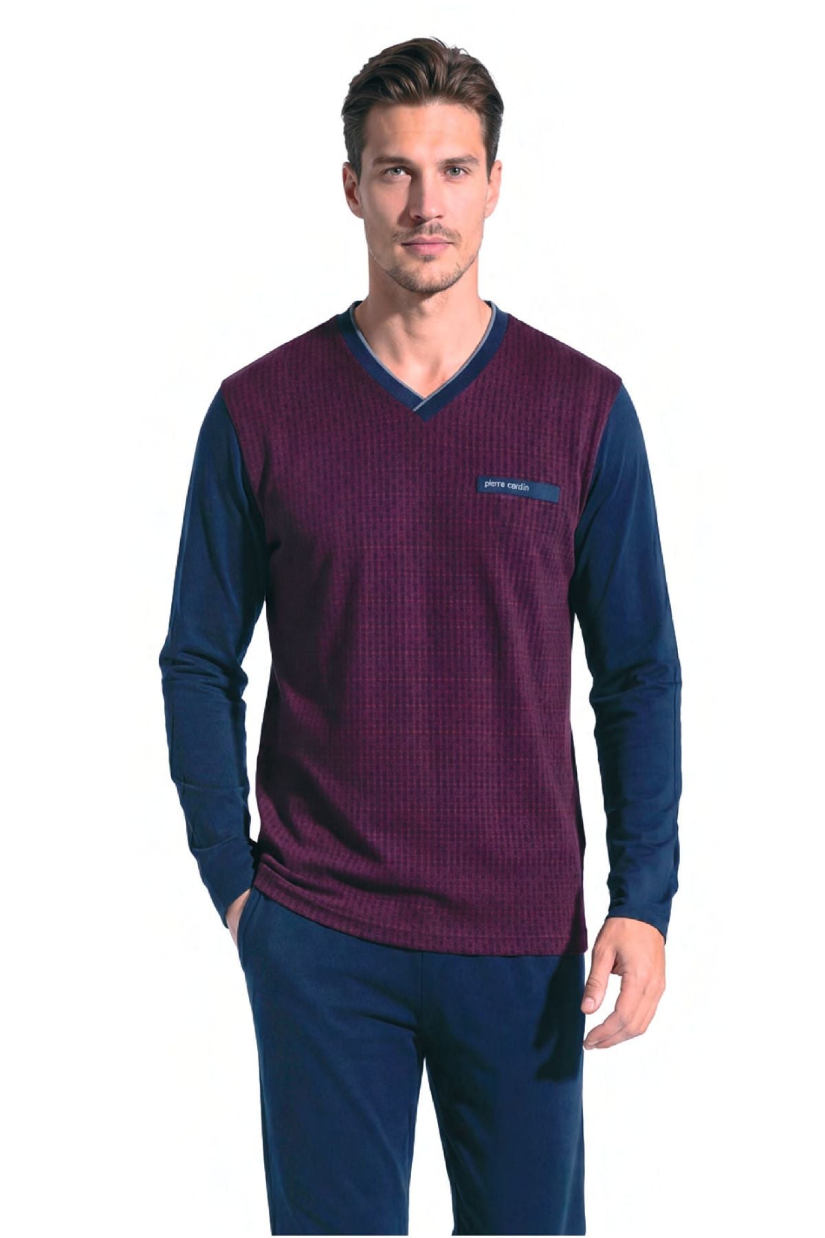 	Pierre Cardin 6143 Erkek Bordo Uzun Kollu V Yaka Jakarlı Pijama Takımı