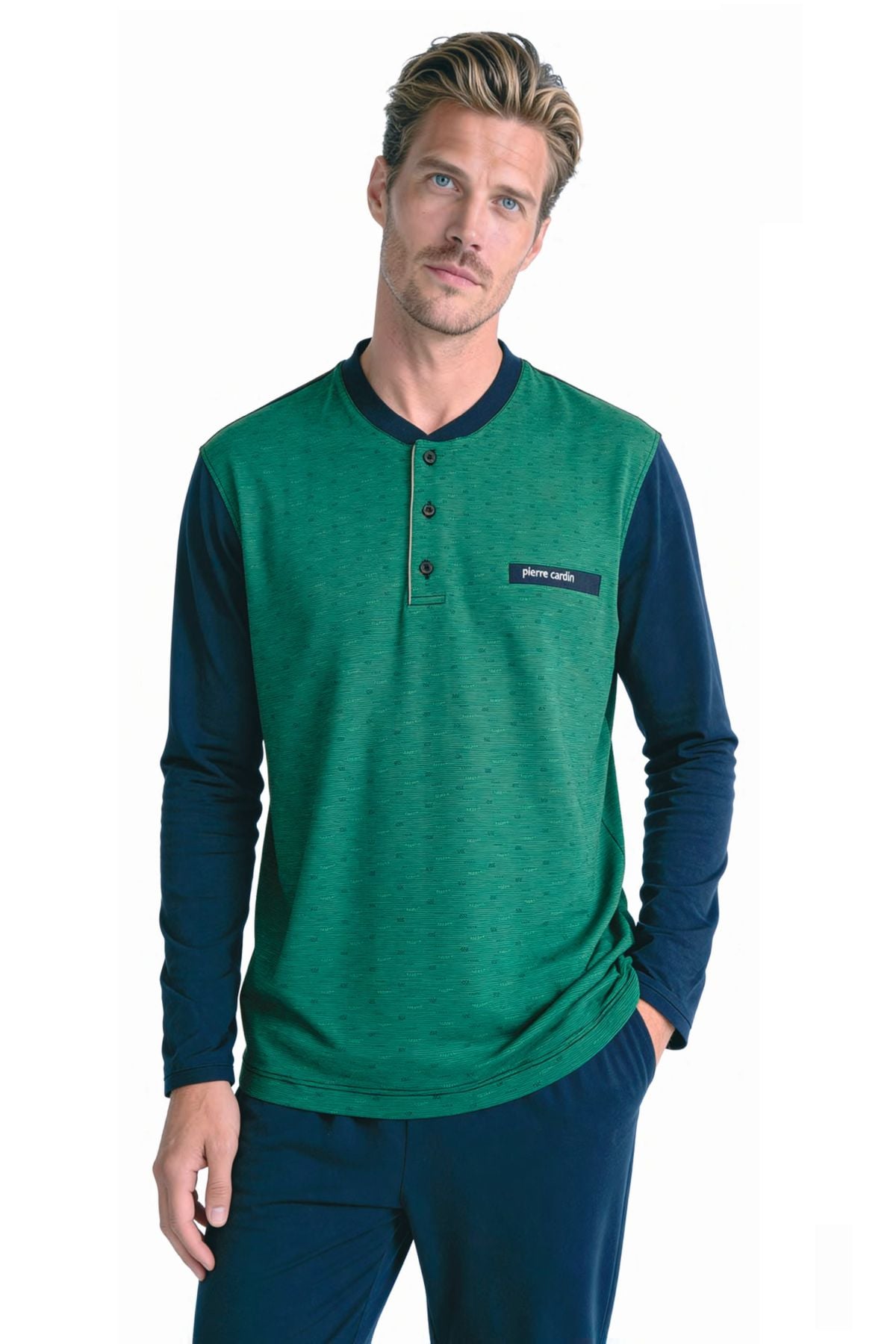 	Pierre Cardin 6142 Erkek Yesıl Uzun Kollu Yarım Pat Jakarlı Pijama Takımı