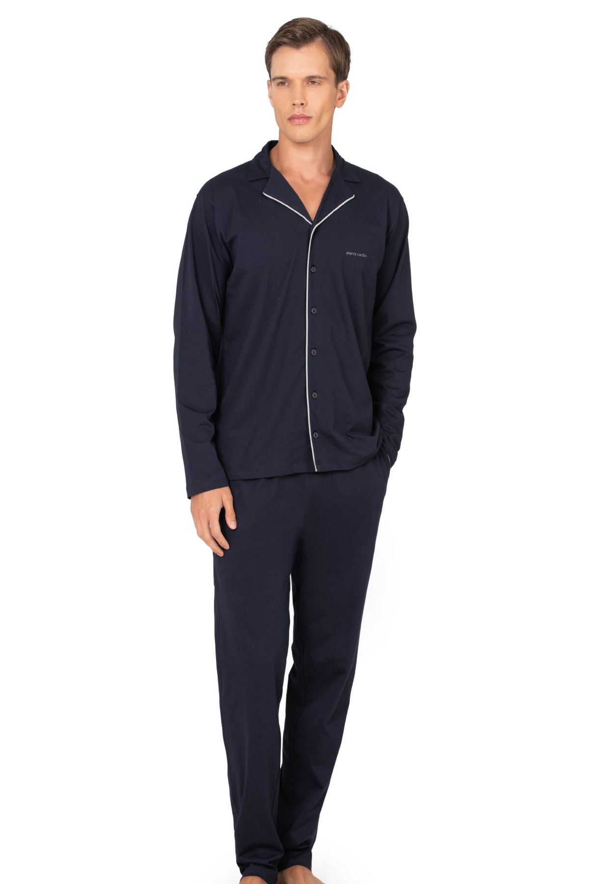	Pierre Cardin 6140 Erkek Lacıvert Uzun Kollu Boydan Düğmeli Gömlek Yakalı Pijama Takımı