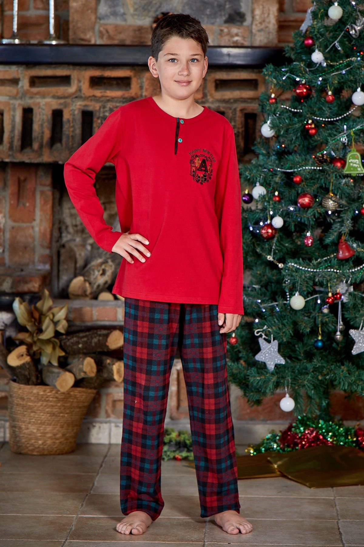 Aqua 23487 Erkek Çocuk Kırmızı Ekose Pijama Takımı | Burdagel.com
