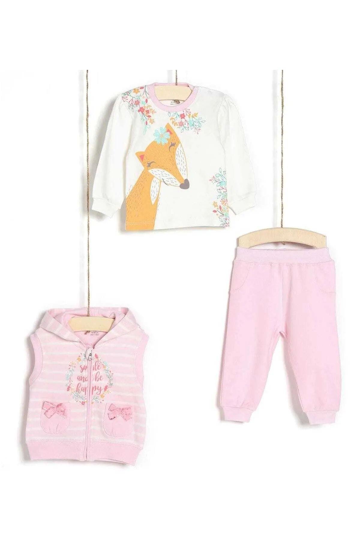 Aziz Bebe 3106 Kız Bebek Pamuklu Sweatshirt Pantolon Yelek 3'lü TakımKız Bebek Kıyafet TakımlarıAziz Bebe