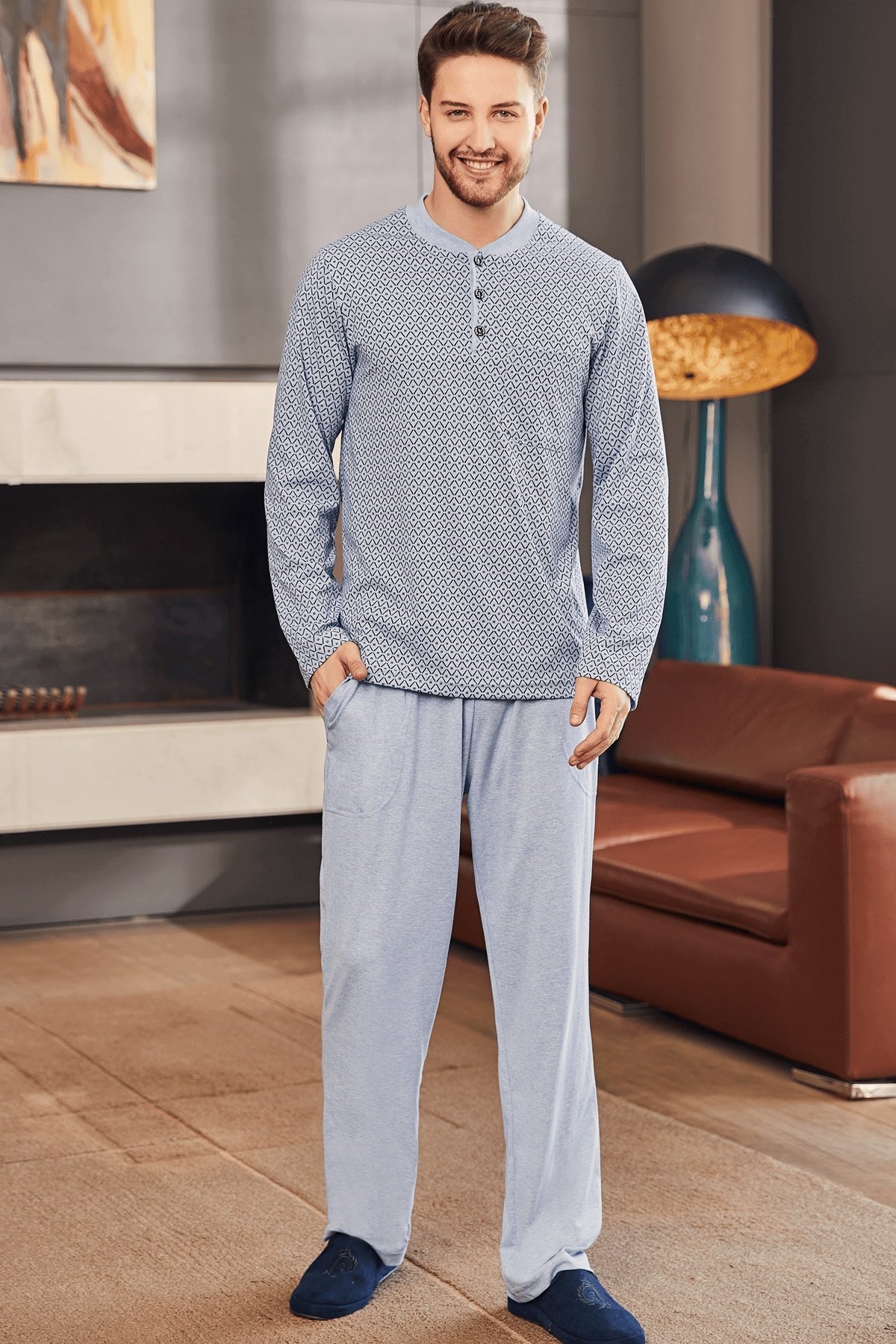 By Mecit 2759 Mavi Büyük Beden Erkek Pijama Takımı
