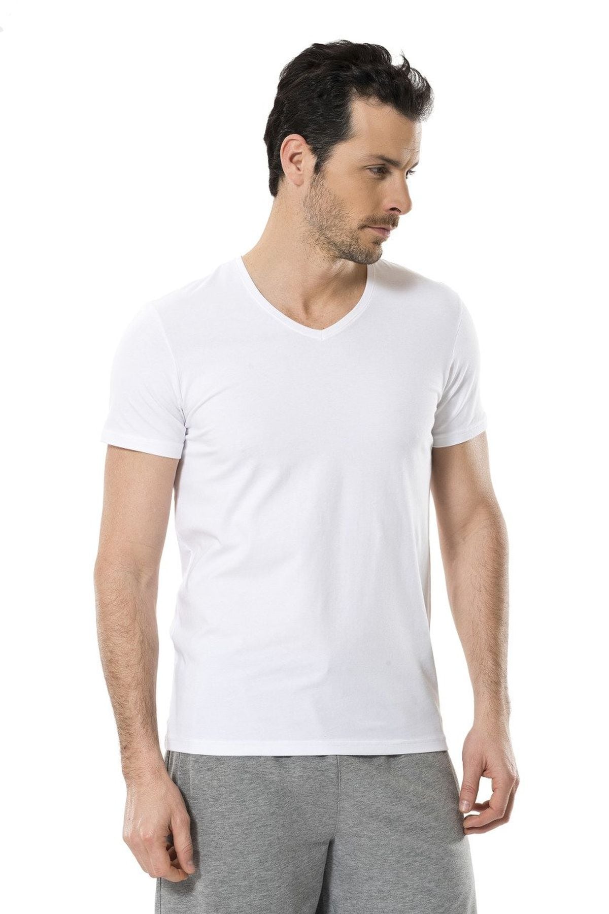 Cacharel 1332 Beyaz Erkek V Yaka Likralı Kısa Kollu T-ShirtT-ShirtCacharel