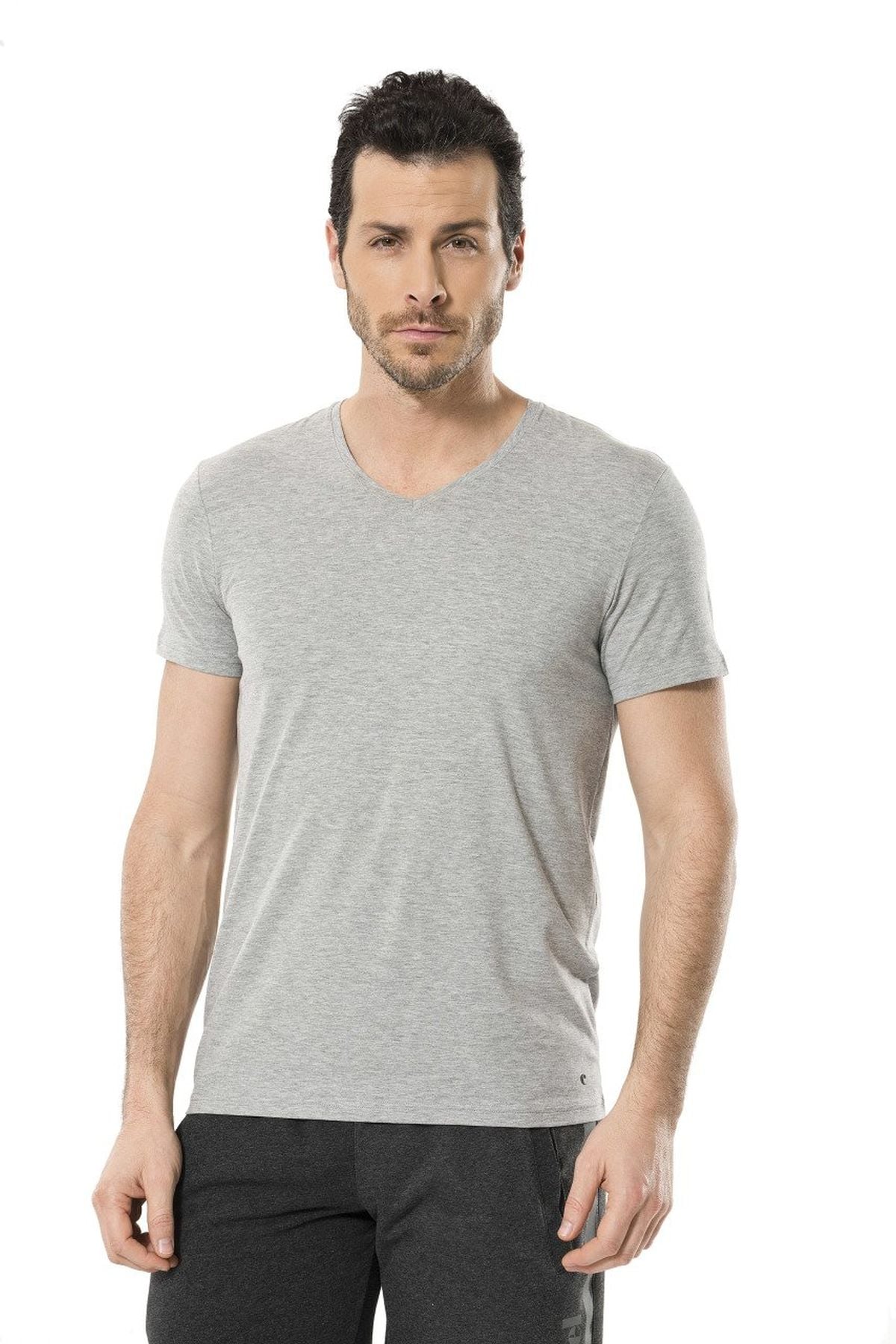 Cacharel 1332 Gri Melanj Erkek V Yaka Likralı Kısa Kollu T-ShirtT-ShirtCacharel