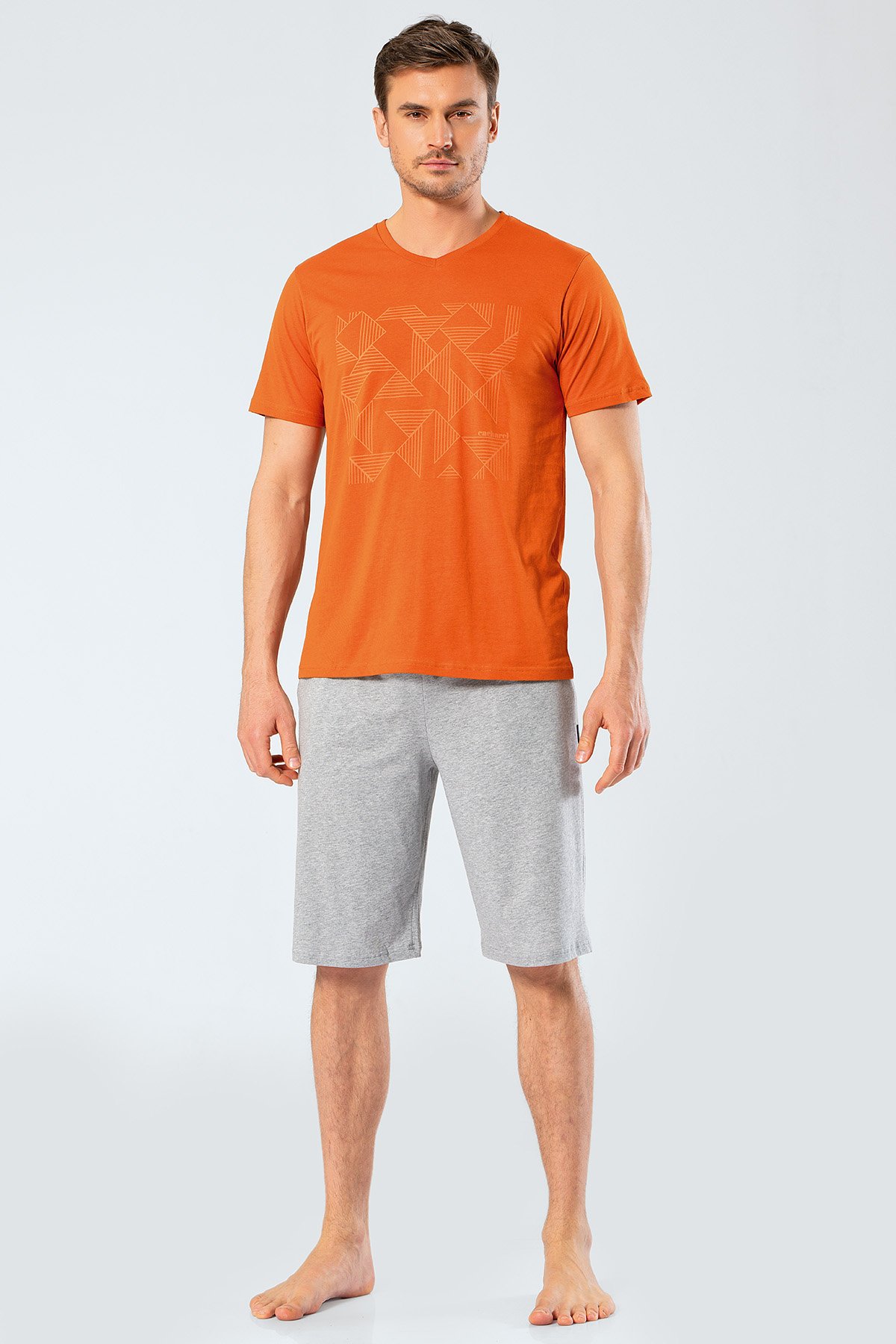 Cacharel 2199 Kiremit Erkek Baskılı V Yaka Bermuda Şort Pijama TakımŞort TakımıCacharel