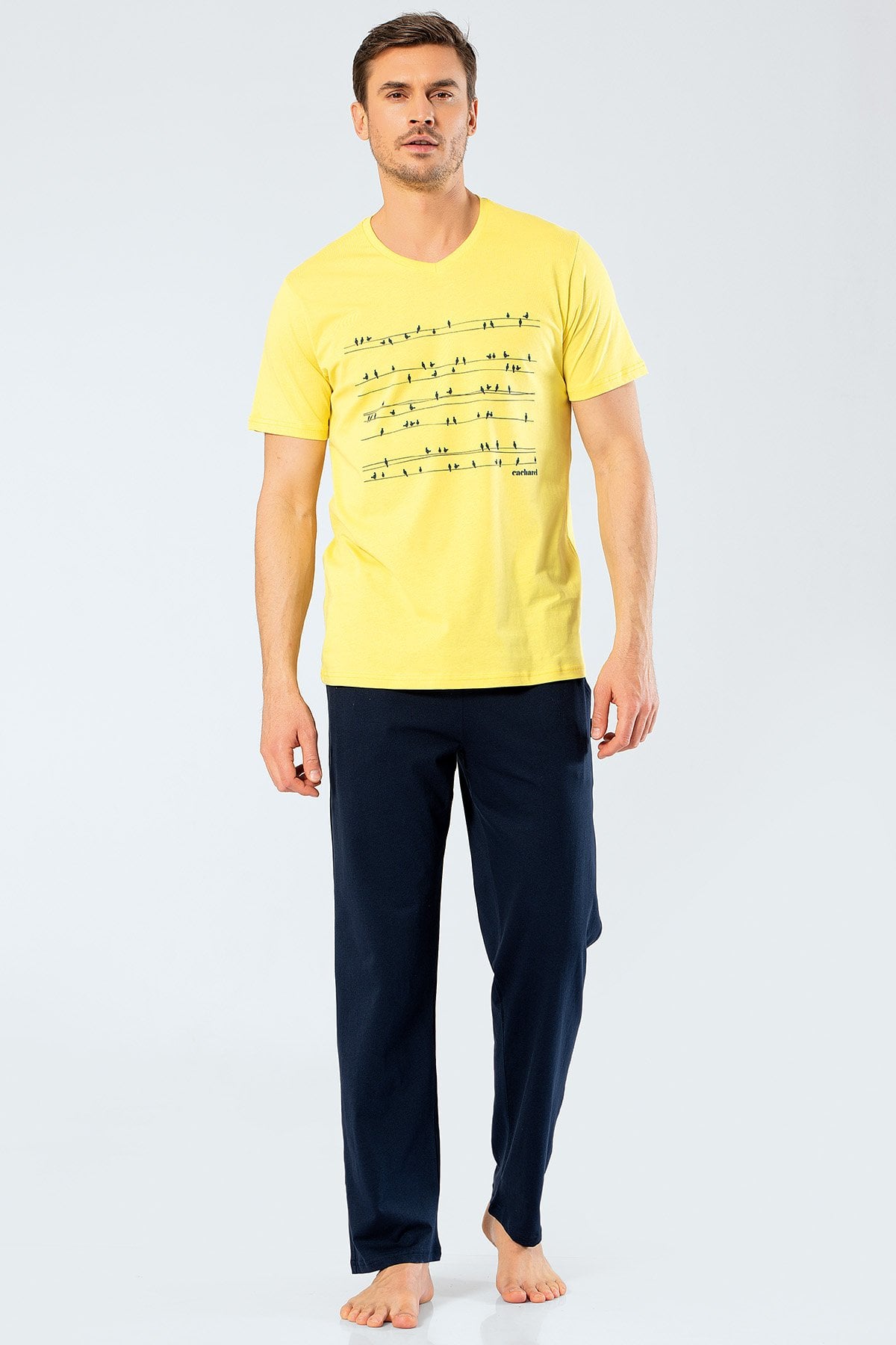 Cacharel 2203 Sarı Erkek Baskılı V Yaka Pantolon Pijama TakımıPijama TakımıCacharel